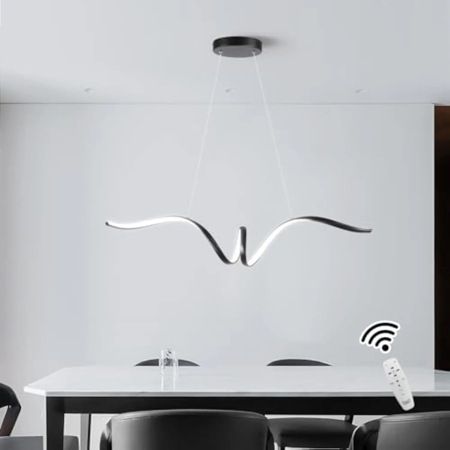 

Modern pendant light, 32w dimmable led hanging light fixture with remote, adjustable height led linear wave chandelier for kitc