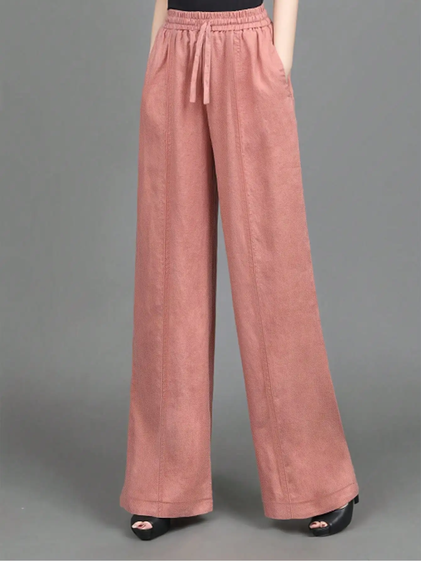 New Women Solid Color 100% Cotton Woven Straight Pants Drawstring High Waist Long Trousers With Pockets Casual Daily Loose Pants