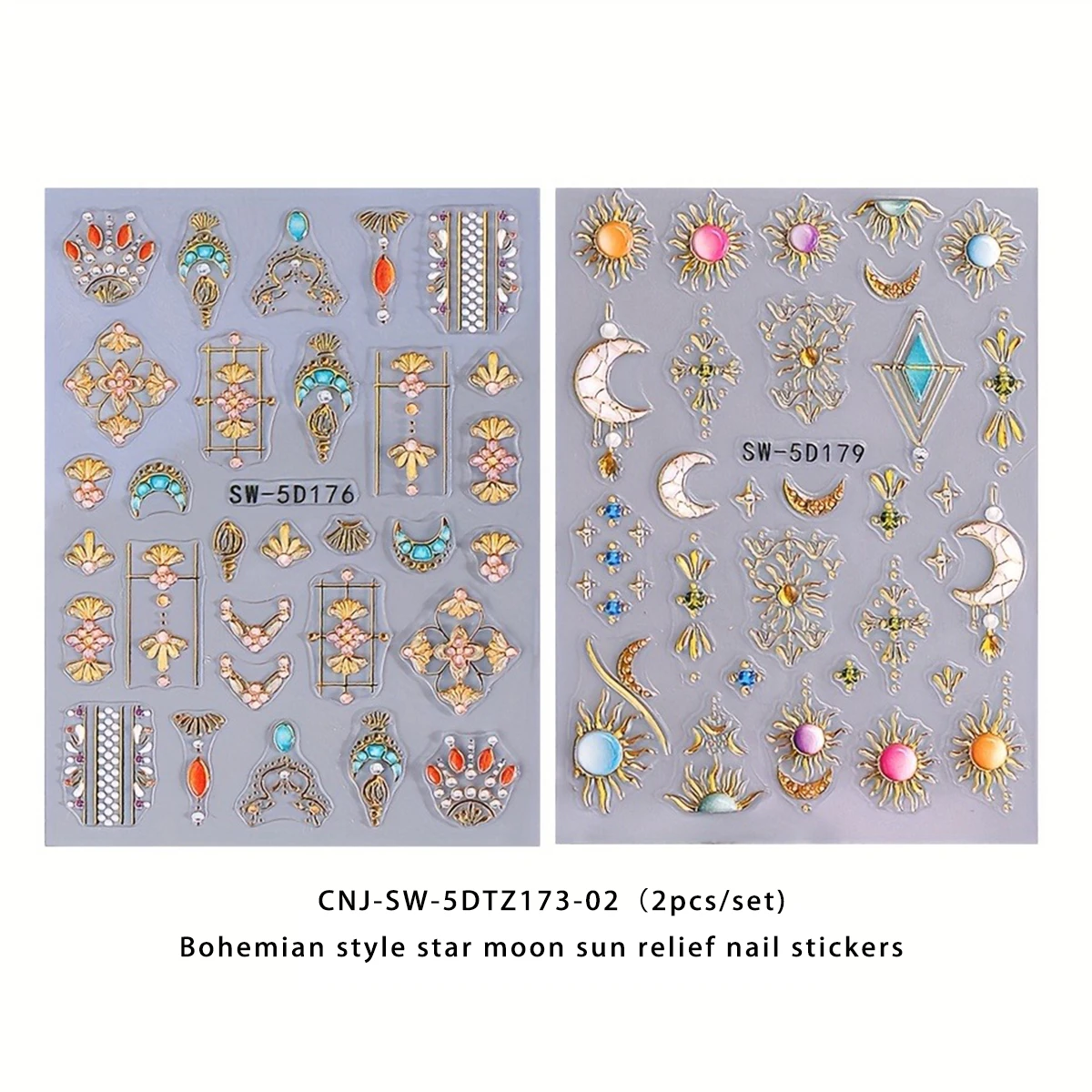 2PCS Bohemian Star and Moon Relief Nail Stickers, Easy to Apply for DIY Nail Decoration, Gifts, Party and Wedding Makeup Styling