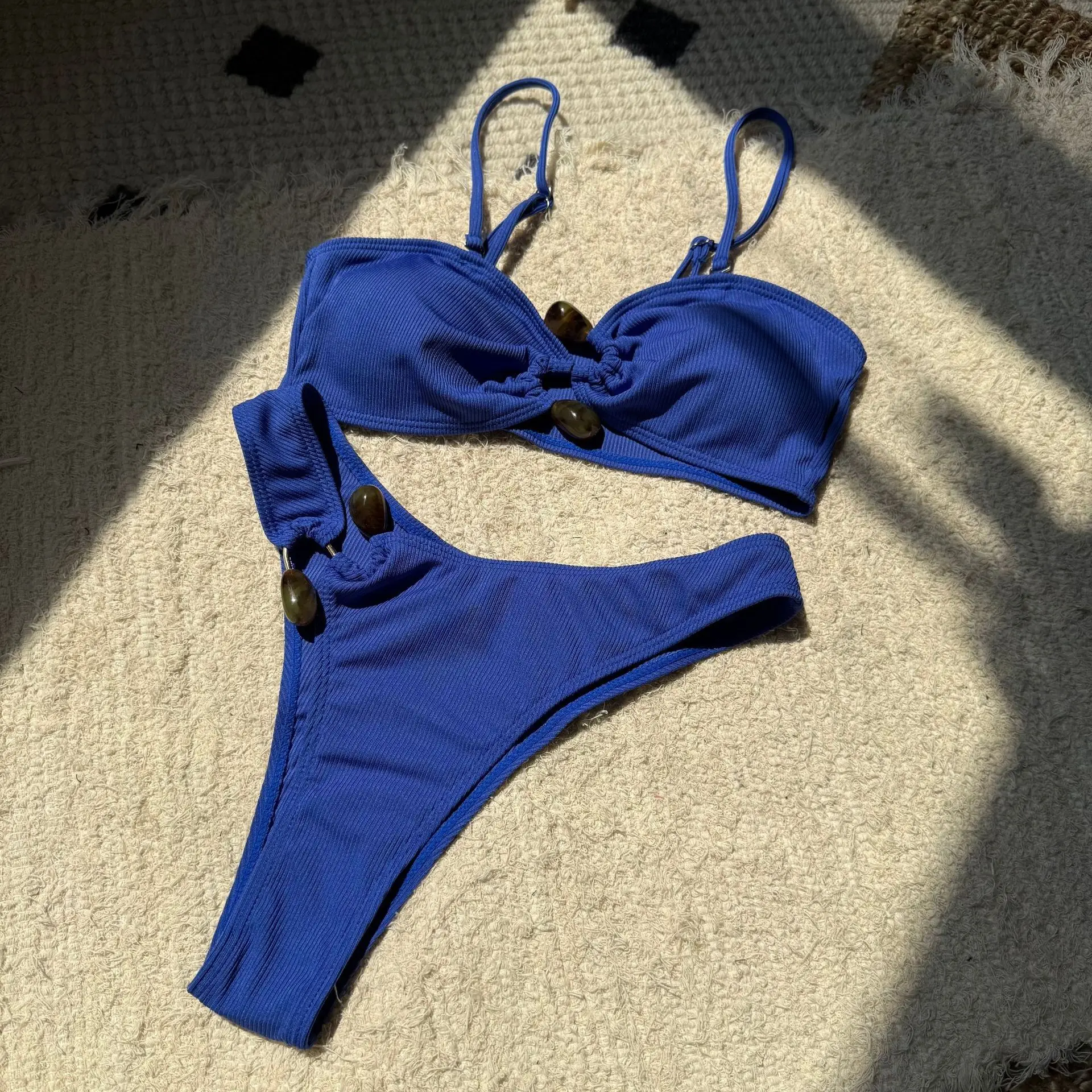 Sexy gerippte, schlichte Bandeau-Bikini-Sets, zweiteilige Badeanzüge mit hoher Taille, Strandmode, Badeanzug, Bademode, Biquini, Tankini