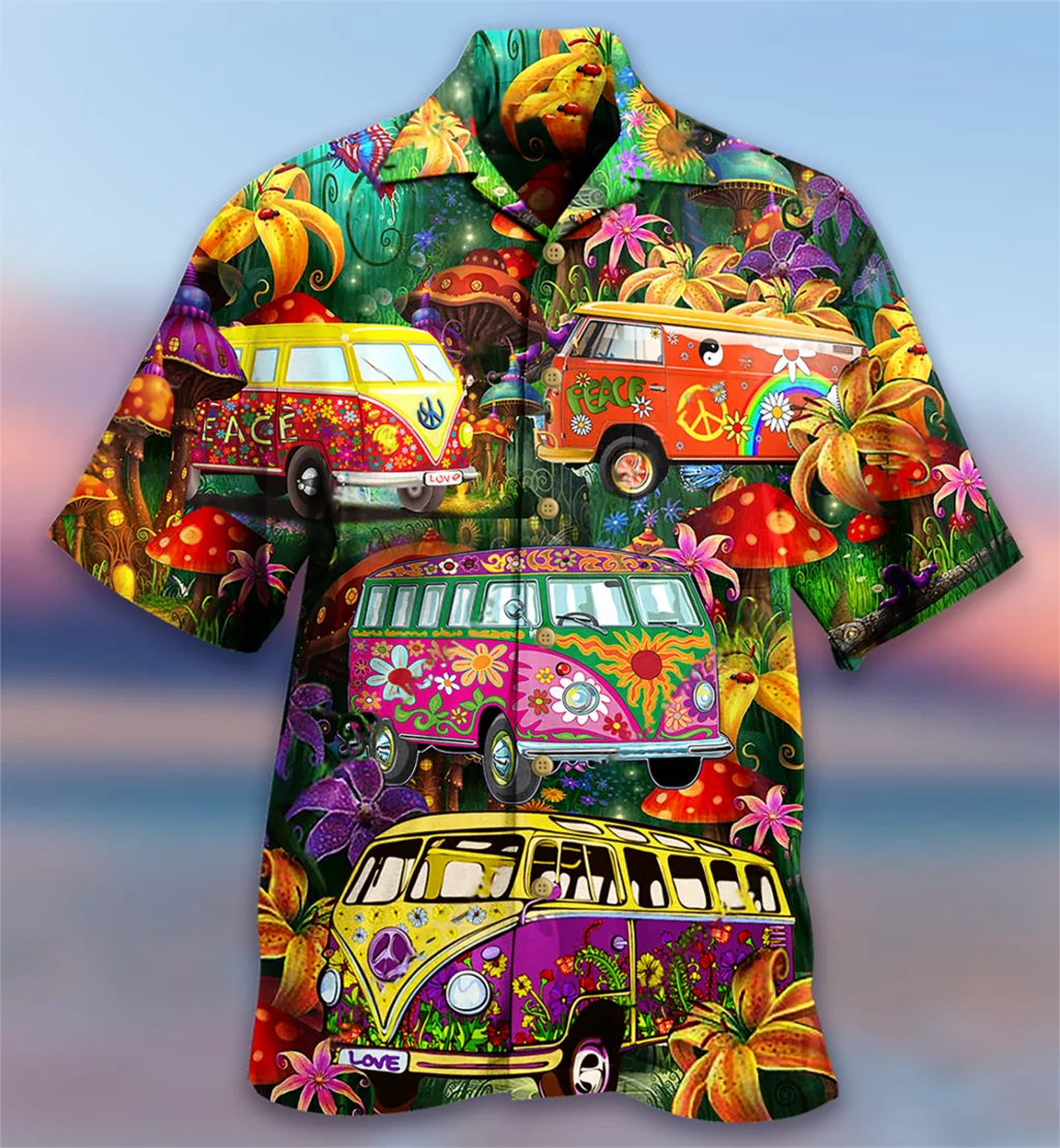 

New Hawaiian Mens Shirts Colorful Bus Love And Peace Hawaii Beach Vacation Plus Size Short Sleeve Button Up Shirts