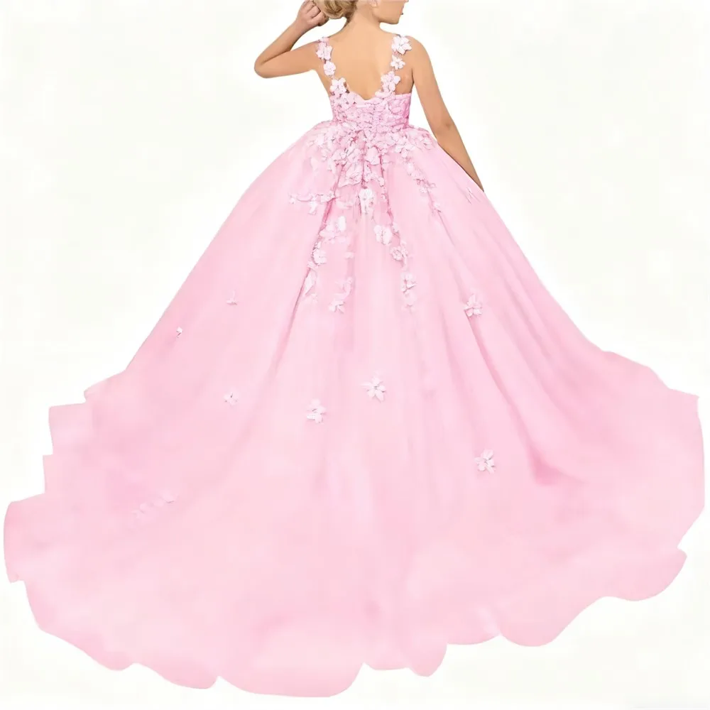 Abito da sposa per ragazza di fiore rosa di lusso senza maniche con applicazioni floreali gonfie per bambini per abito da ballo da principessa per comunione