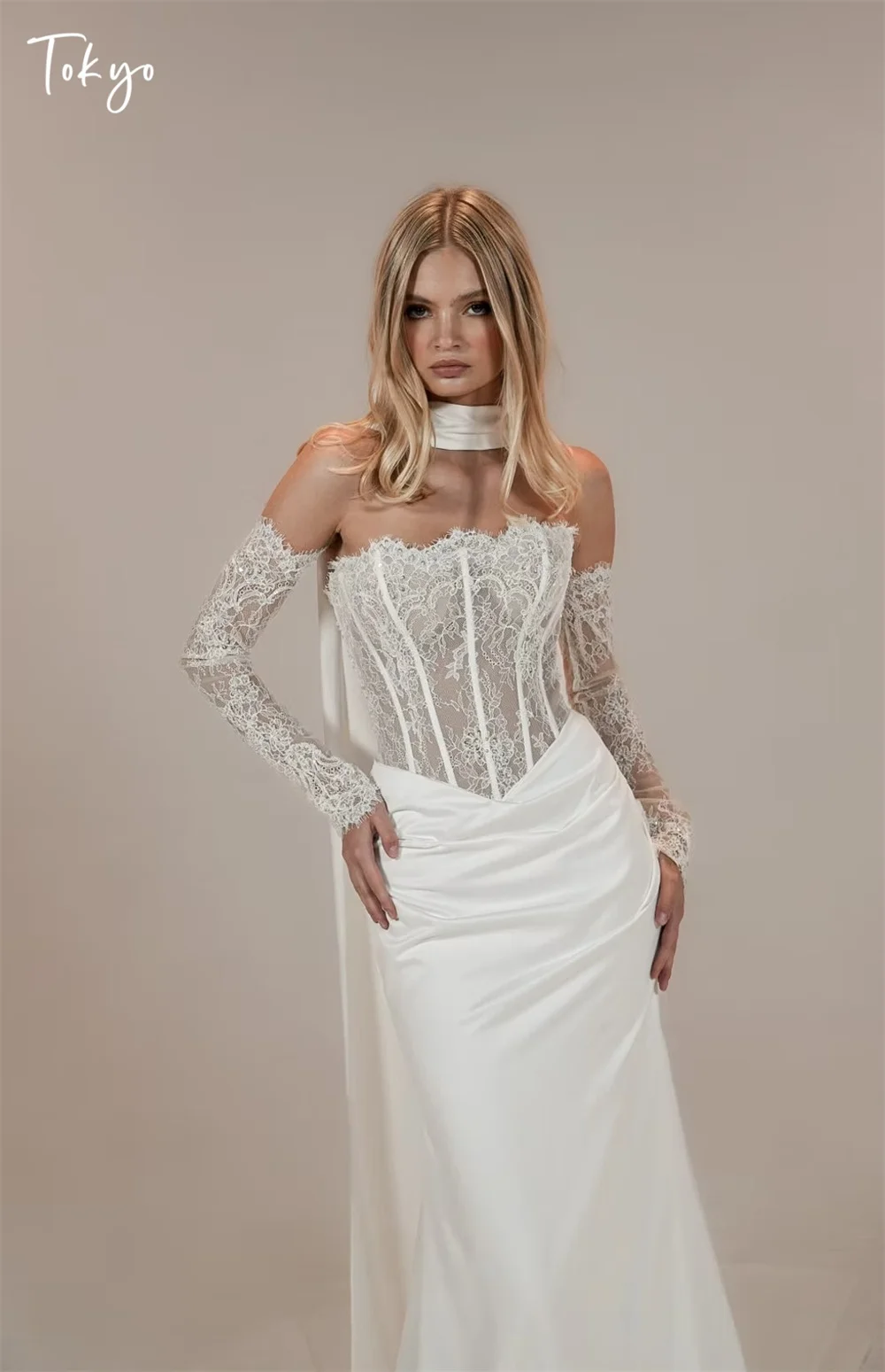 Tokyo personnalisé élégant sirène robes de mariée sans bretelles manches détachables robes de mariée blanc Zip Court Train robes de mariée