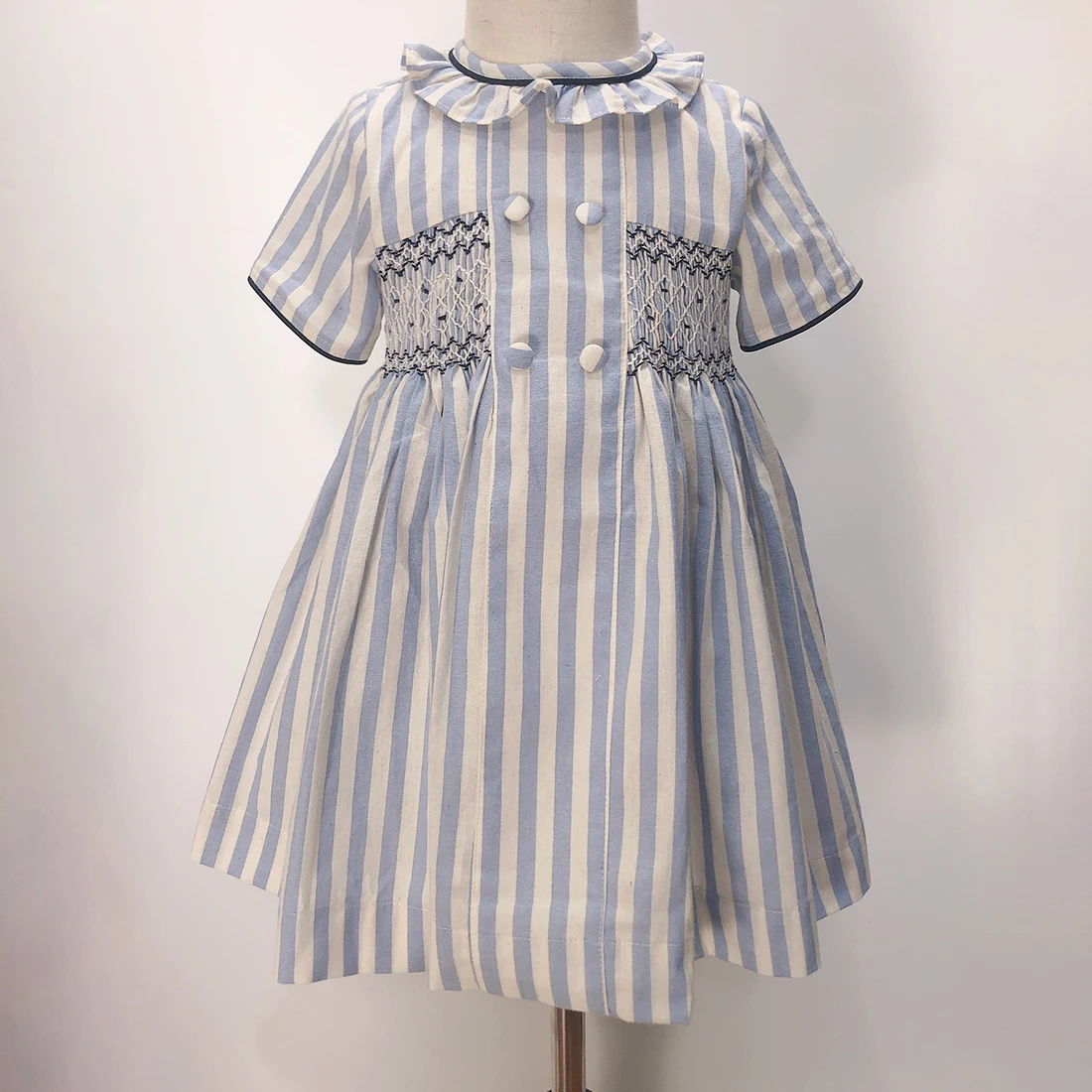 Robe d\'été en coton à manches courtes pour filles, jupe princesse bleu marine, col en cuir chevelu, vêtements de vacances décontractés pour enfants