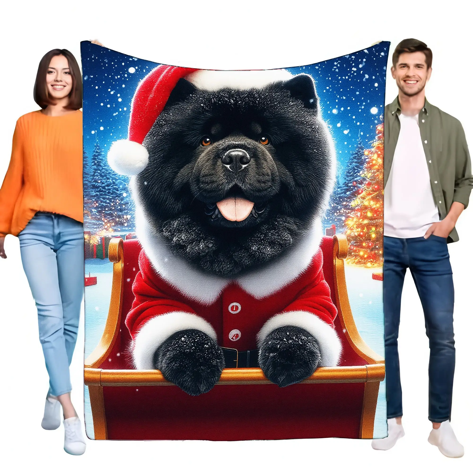 Bezaubernde Weihnachts-Hundedecke aus Plüsch, weiche Fleece-Überwurfdecke für Couch und Bett, süßes Chow-Chow-Design, perfektes Weihnachtsgeschenk für