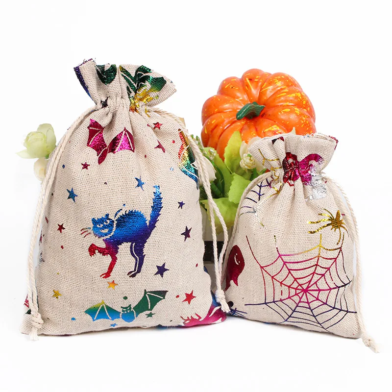 100Pcs/lot Halloween Cotton Drawstring Children's Gift Bags Gold-stamped Spider Web Cat Witch Pouches Candy Packaging Bag