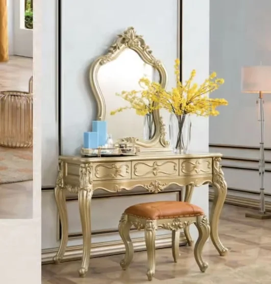 

#@ European Luxury Bedroom Dressing Furniture Hand Carved Wood Drawer Cabinet Dressing Table Set With Mirror and Stool