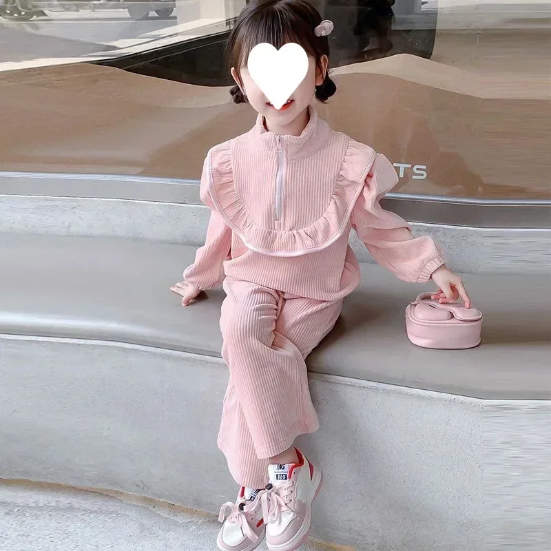 

Spring Autumn Korean Vintage Harajuku Girls' Two Piece Set Fashion Sweet Children's Clothing Kawaii Solid Tops and Long Pants