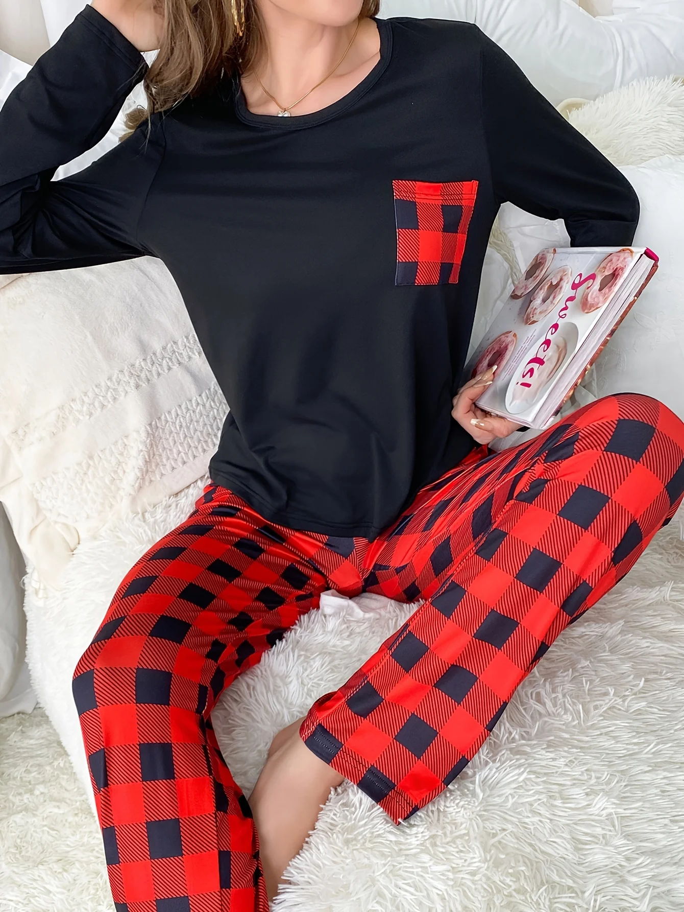 New style pyjamas two sets black top long sleeve red striped trousers casual home wear