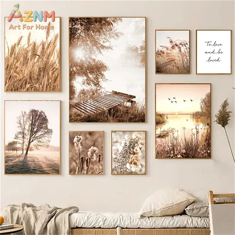 AZNM Frameless Canvas Wall Art, Neutral Beige Wheat Pampas Grass Lake Tree Sunset Quote Print Poster, Boho Nature Landscape Pain