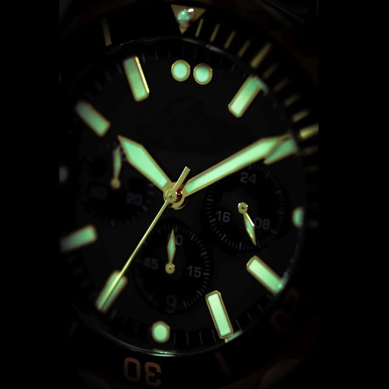 Business Men's Watch Multi functional Waterproof Stainless steel Bracelet Quartz Watches Aluminium Bezel PVD Gold 20ATM