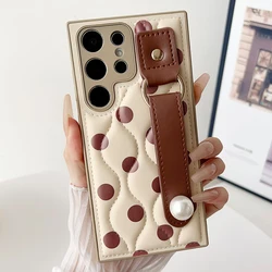 Luxury Leather Dot Wrist Strap Cover Case For Samsung Galaxy S25 Ultra S24 Plus S23 A15 A16 A26 A36 A56 A17 A25 A35 A53 A54