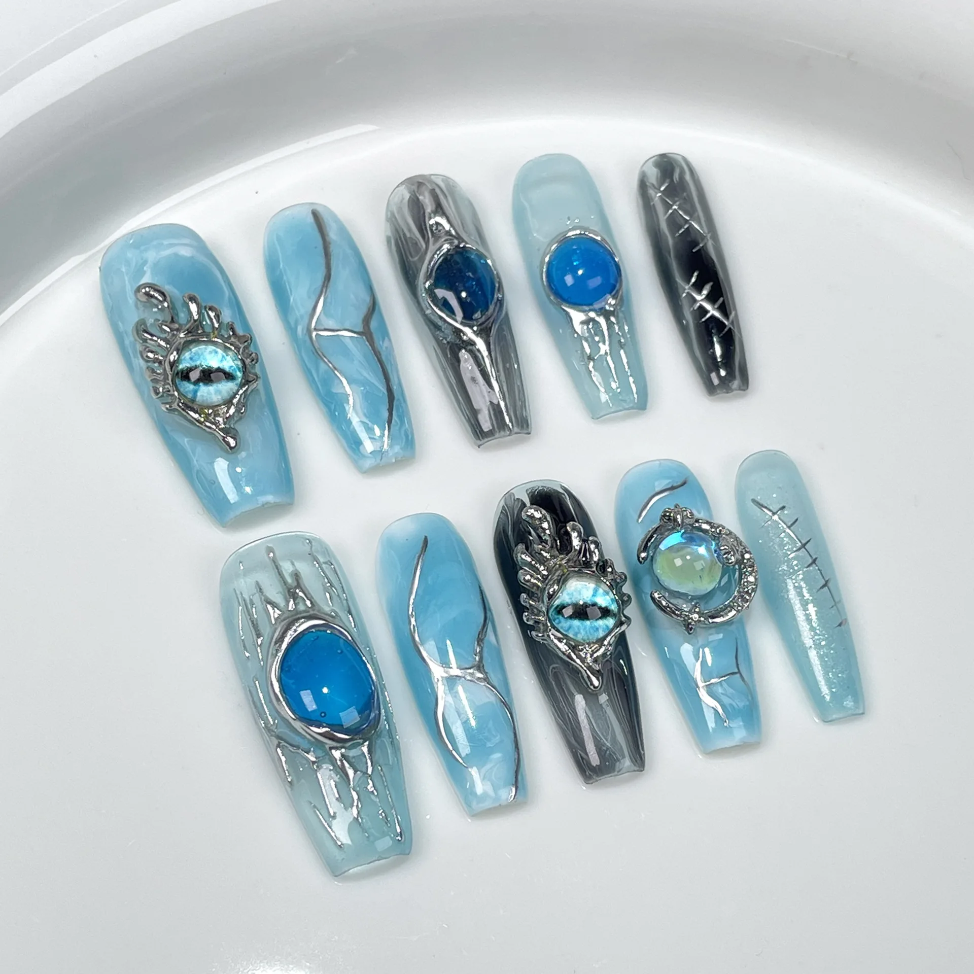 

10Pcs Long Coffin Press on Nails with 3D Cat Eye Design Punk Cyber Nail Art Metallic Ombre Full Cover Acrylic Manicure Nail Tips