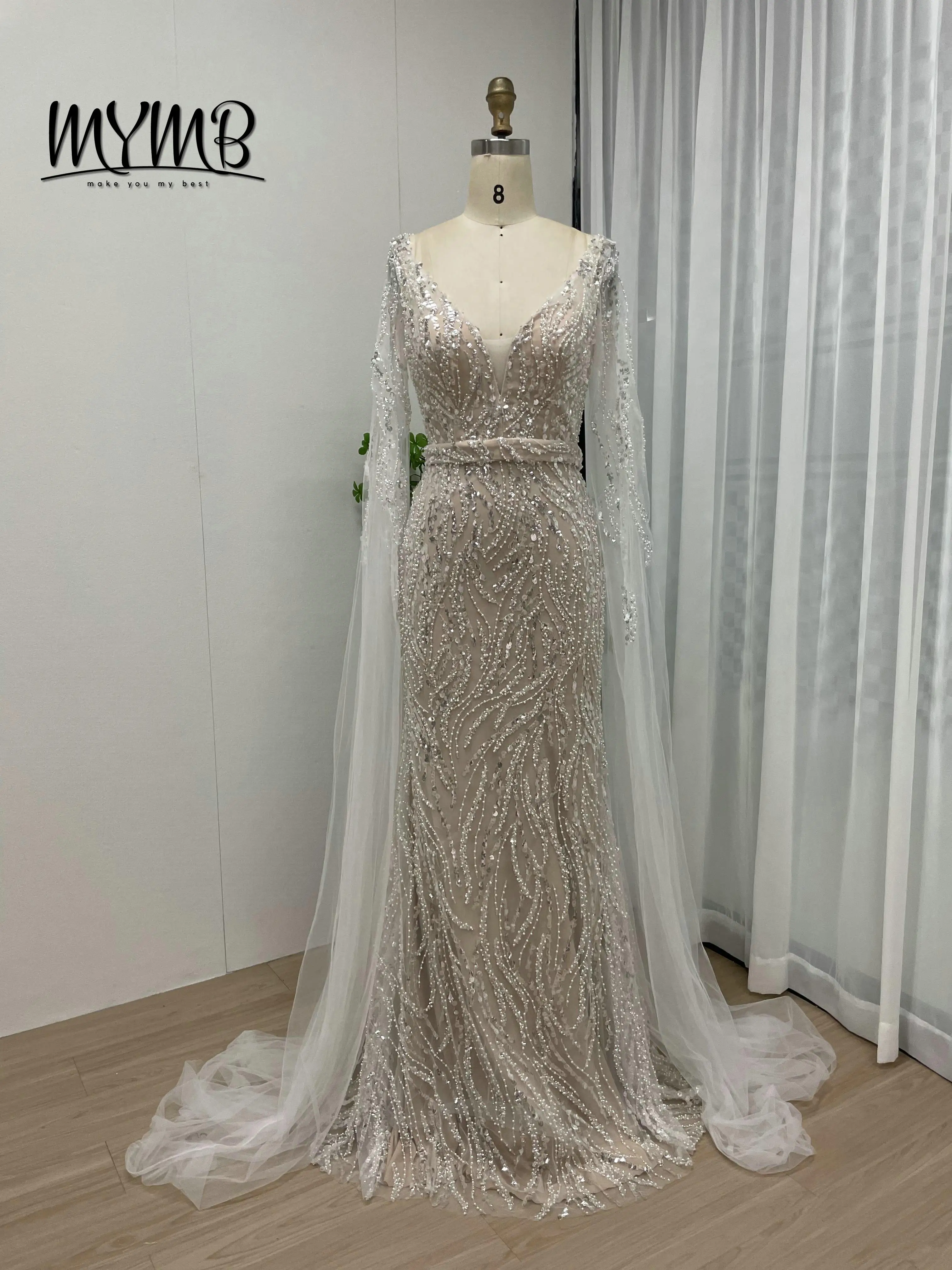 MYMB Abiti da sera con paillettes in rilievo e maniche lunghe a mantella di lusso Abiti da ballo per la madre della sposa per donne eleganti Taglie forti MY30024