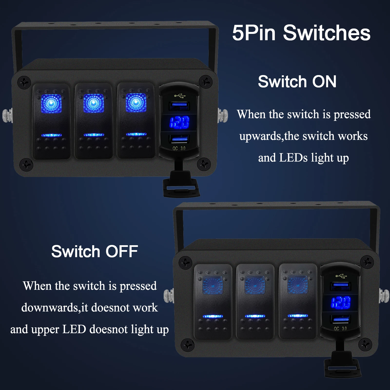 3 Gang Rocker Switch Panel Box  12V 5Pin ON Off PD Type C and QC 3.0 USB Charger Blue Voltmeter Aluminum Box Rocker Switch Panel