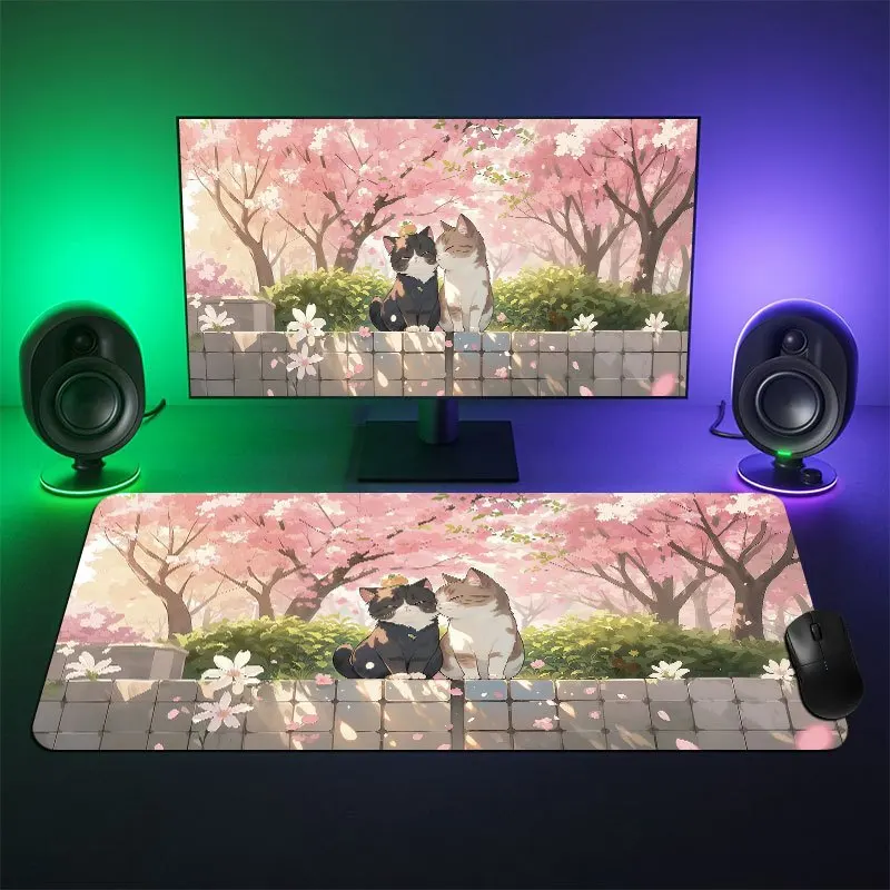 Simpatici gatti anime in fiore di ciliegio Tappetino per mouse design da giardino, tappetini da tavolo Tappetini per mouse per tastiera da gioco antiscivolo in gomma XL Tappetino lungo