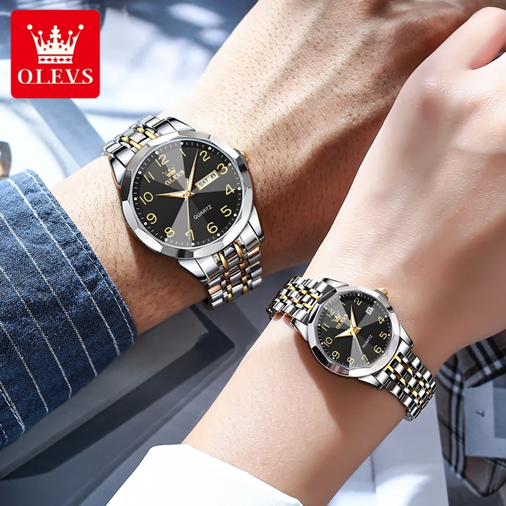 OLEVS-Montres à quartz de luxe pour hommes et femmes, cadran numérique, losange, miroir, horloge à main, acier inoxydable, montres originales, couple, nouveau, 9970