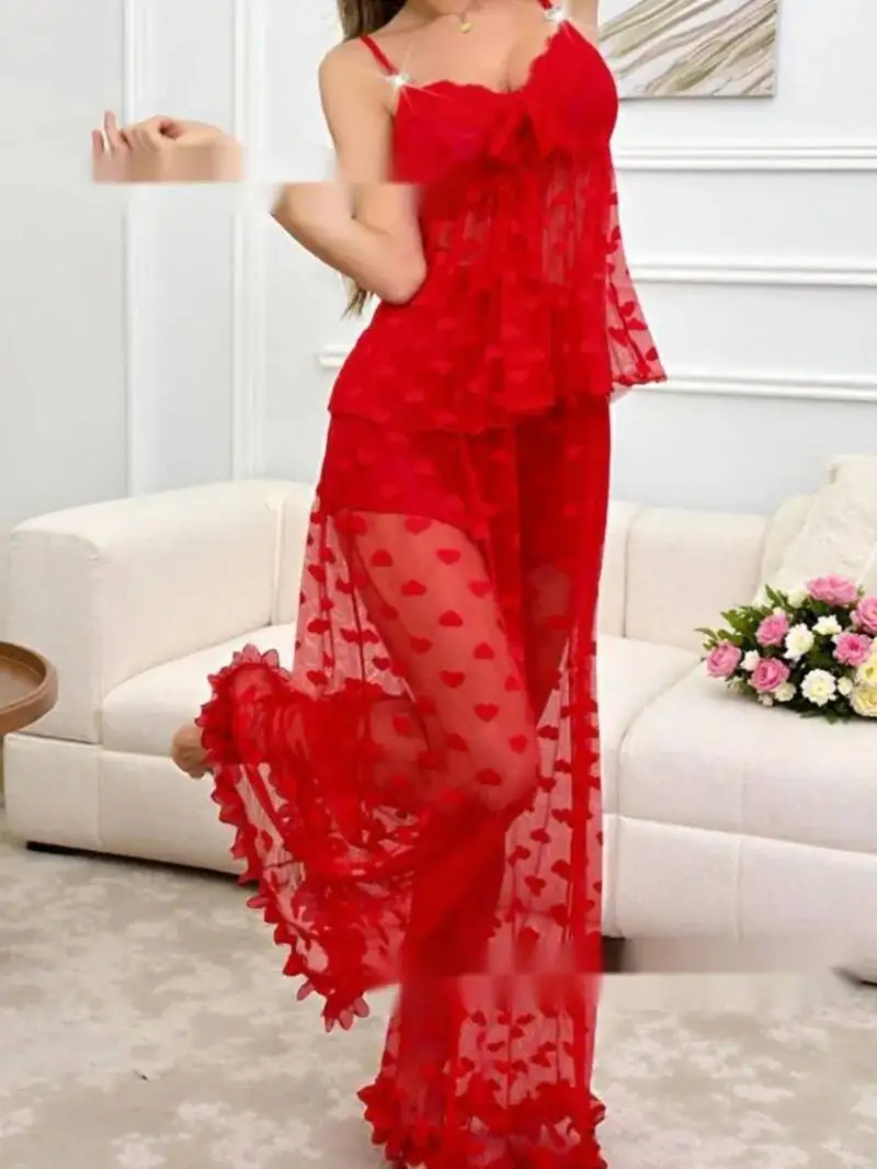 

Sexy Heart-Shaped Sleepwear Mesh Transparent Red Pants Sets For Women Backless Deep V Suspenders Sleeveless Pants Sets Thin 1IMR