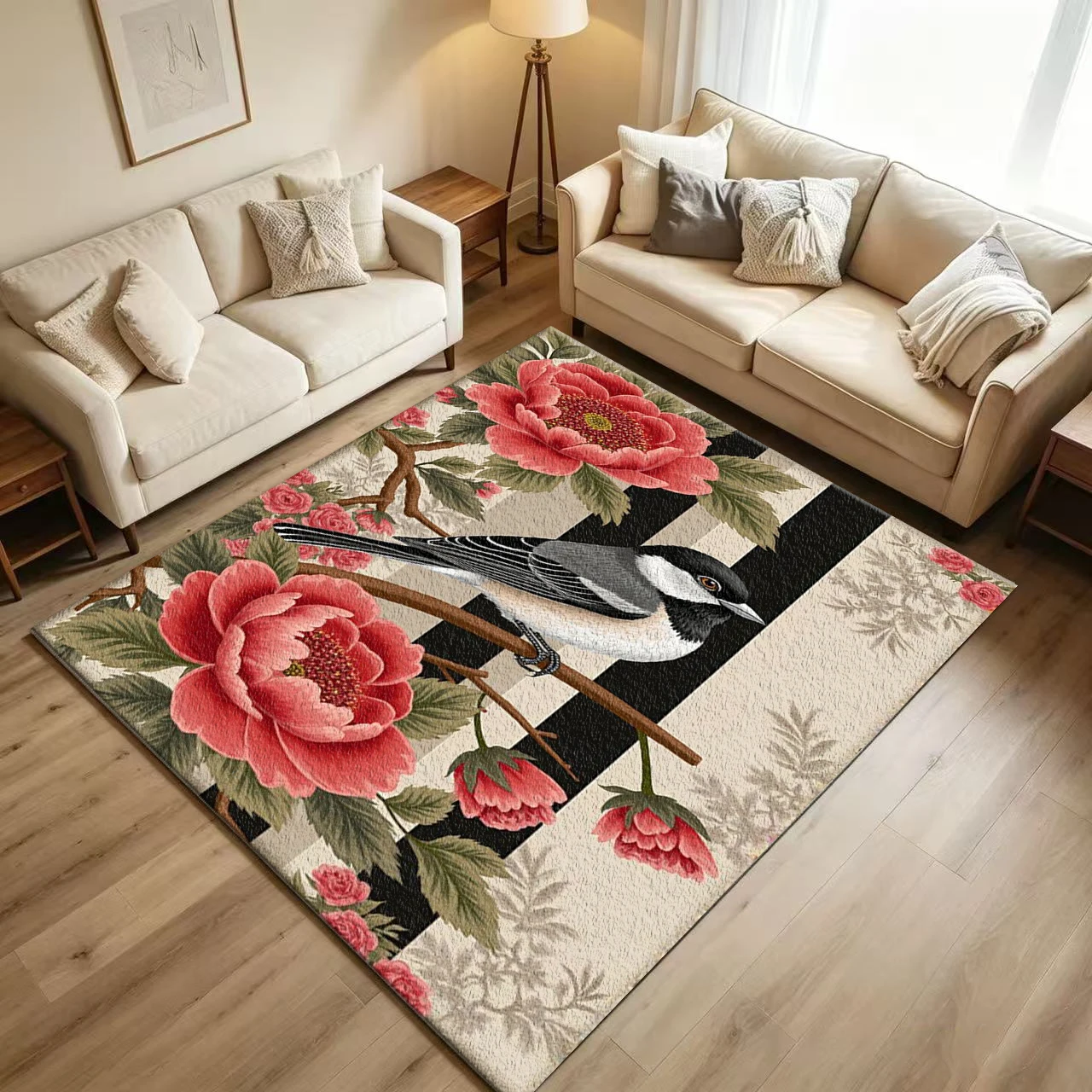 Vintage Bird Peony Flower Carpet Flooring Retro Floral Branch Striped Background Art Printed Floor Rug for Household Indoor Home Ornament