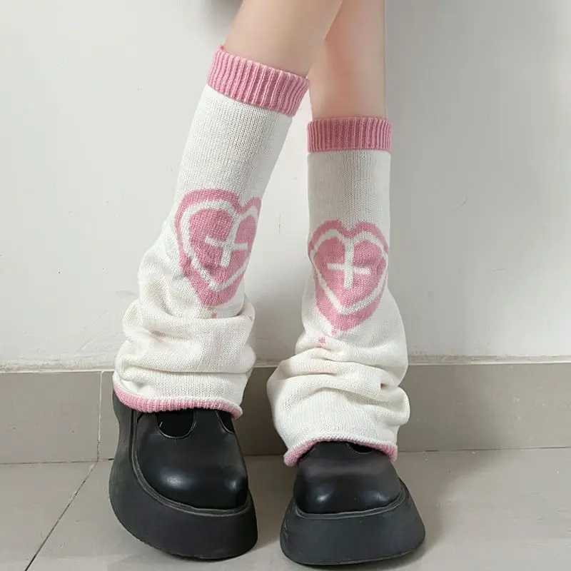 Harajuku Y2k Leg Warmers Cute Sweet Girl Calf Stacking Socks Women Knee Protection Warm Pink Spice Flare Socks Two Sides Wear