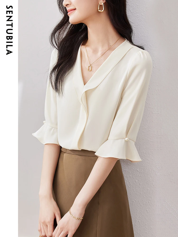 SENTUBILA New Office Lady V Neck Chiffon Blouses Women 2024 Autumn Elegant Half Sleeve Pullover Blouse Temperament Top 133V49712