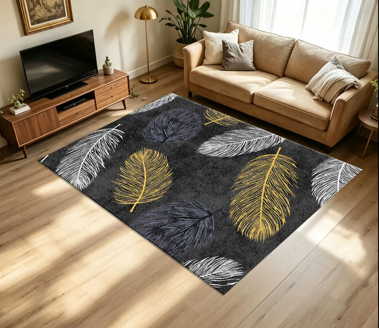 Vintage Gold White Black Feather Art Carpet Flooring Retro Grunge Plume Illustration Printed Floor Rug for Household Indoor Home Ornament