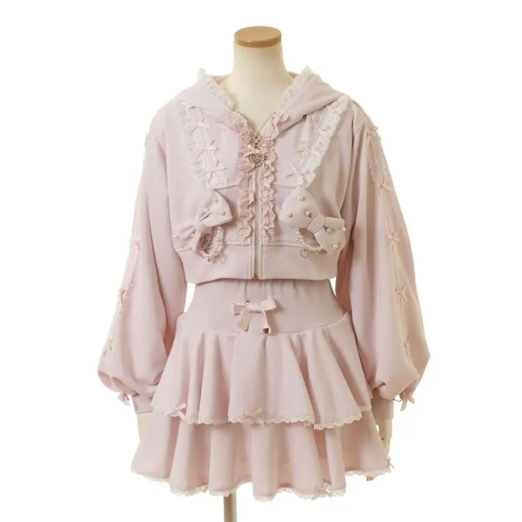 Japanese Girls Sweet Cute Lace Hooded Short Sweatshirt Pink Cardigan Hoodie Short Skirt Two-piece Set Womens Spring Fall Outfits