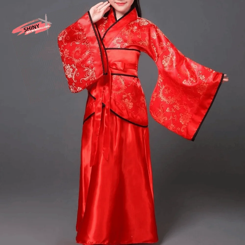 Trendy Ethnic Children's Ancient Costumes Silk Robe Photo Prop Hanfu Dress Retro Printed Chinese Traditional Clothes Princess
