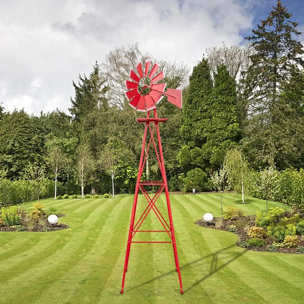 

8FT Metal Windmill Ornamental Spinner Backyard Garden Decoration Weather Vane, Heavy Duty Wind Mill w/ 4 Legs Design, Red