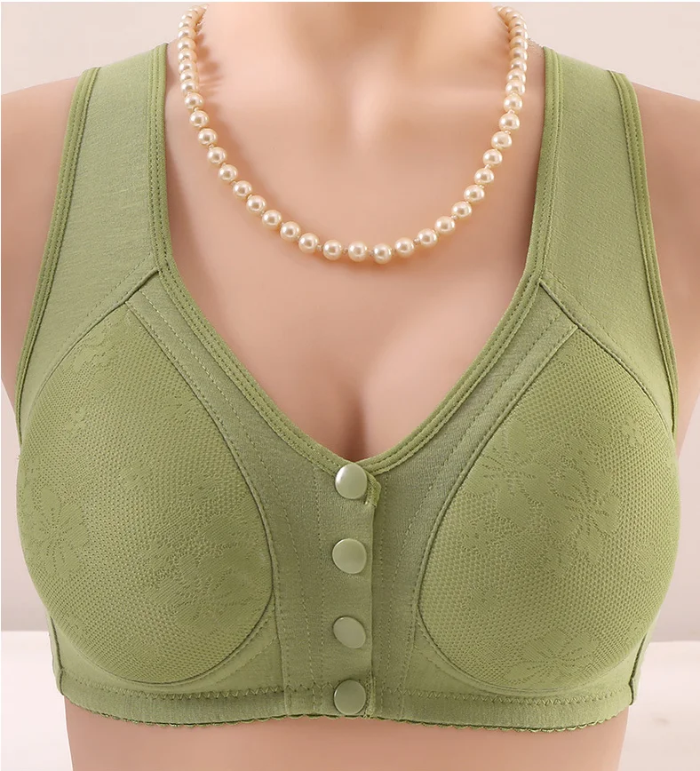FINETOO Breathable Front Closure Button Bras Women Full Cup Floral Underwear for Middle-aged and Elderly Wireless Tops Bralette