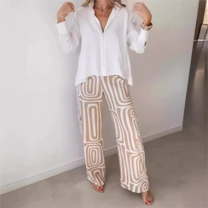 Summer Autumn Casual Suit For Women High-end Sensory Communication V-neck Long Sleeved Shirt Loose Pants Two-piece Set For Women