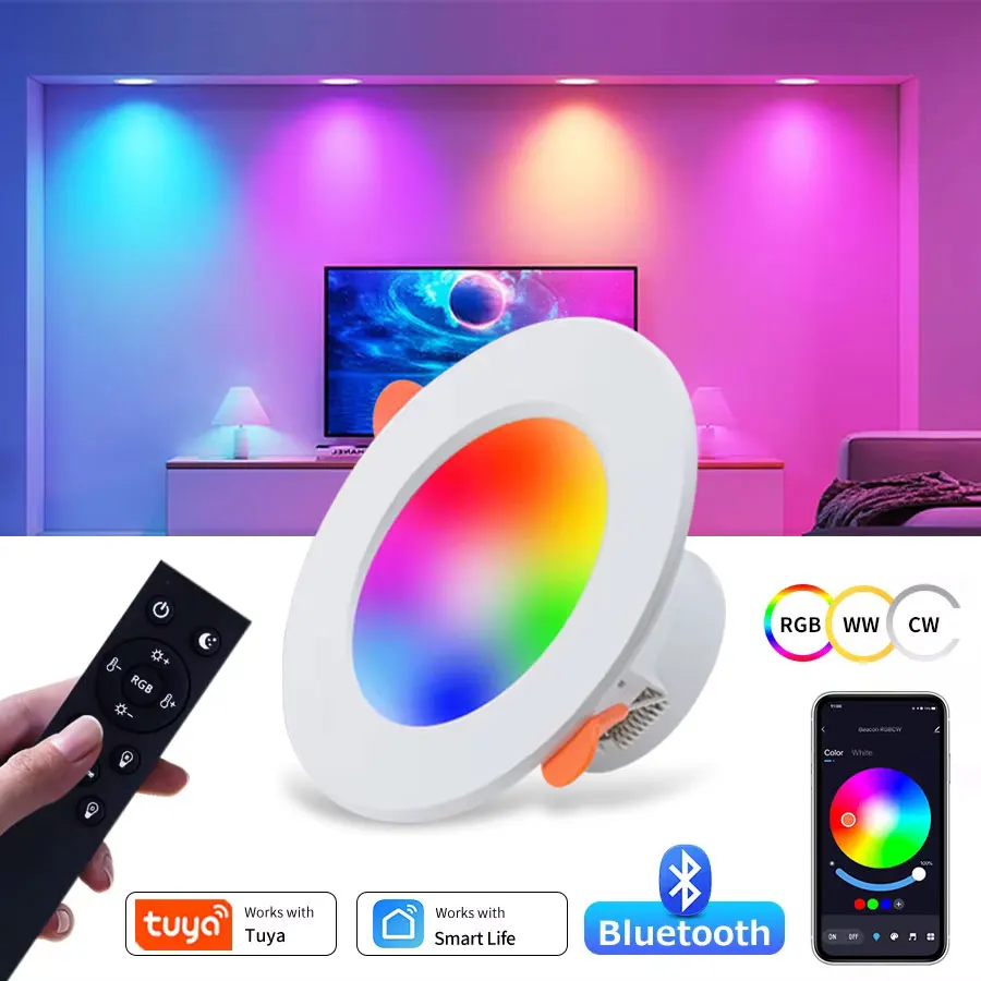 

Tuya Smart LED Downlight 220 В 10 Вт Bluetooth RGB Потолочный светильник с регулируемой яркостью RF 2,4G Дистанционное управление через приложение Smart Life Спальня Гостиная
