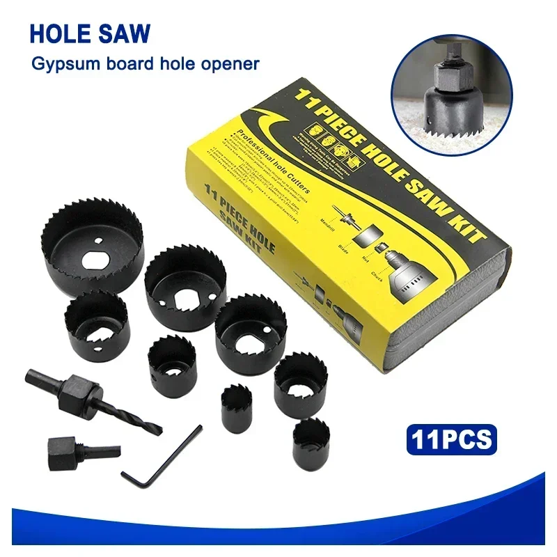 

11pcs 19-64mm Black Hole Saw Woodworking Gypsum Board Hole Opener Ceiling Hole Punching Tool Set Plastic Box