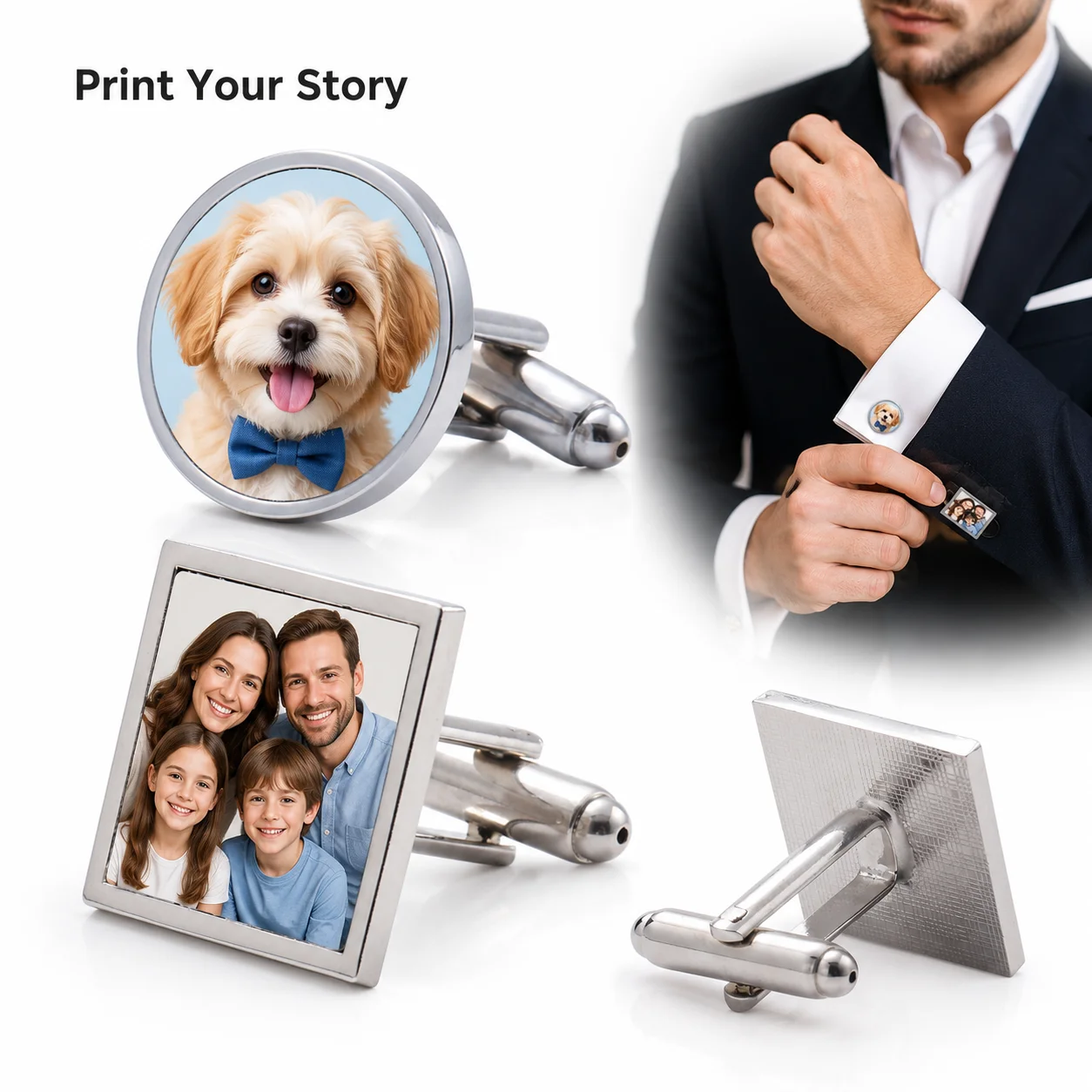 Custom Photo Logo Metal Cufflink DIY Personalized Cuff Buttons Shirt Brooch Style Cufflinks Clips for Wedding & Anniversary Gift
