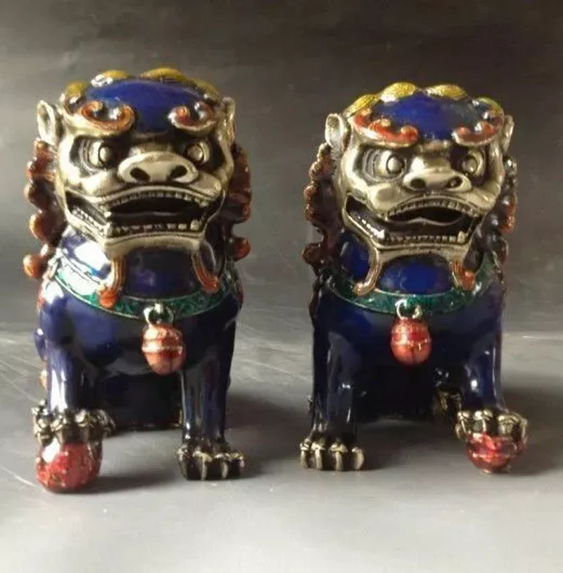 Old Fengshui bronze Cloisonne Guardion Fu Foo Dogs Lion beast statue pair