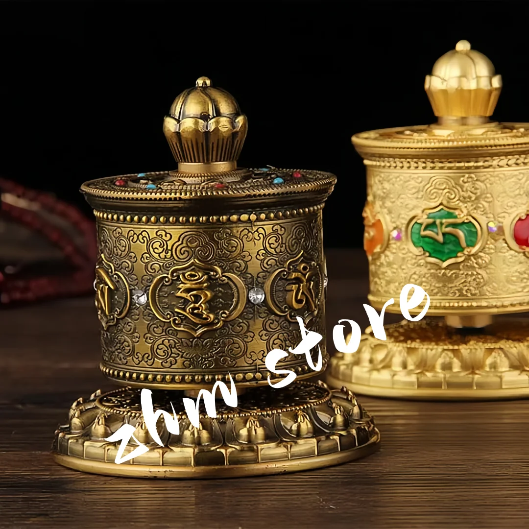 

10cm Alloy Metal Gold/Green Copper Auspicious Symbol Carving Buddhist Lotus Base Car Putting Prayer Wheel Ornaments