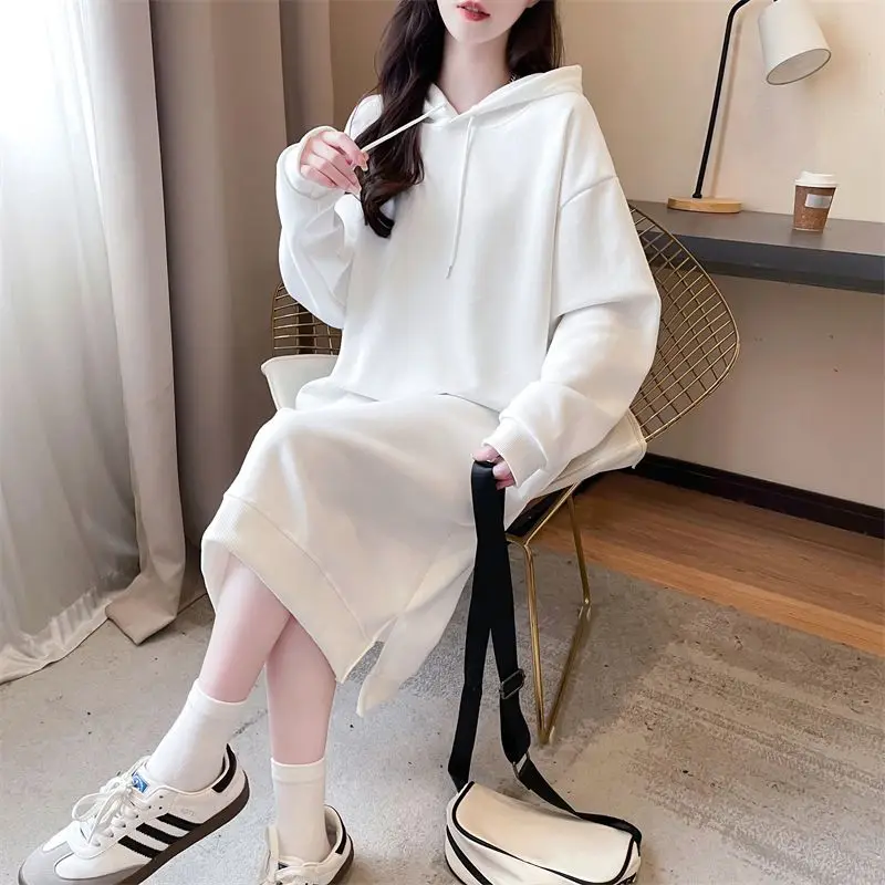 Casual Solid Hooded Sweatshirt Midi Length Women Fashion Korean Loose Long Sleeve Pullover Hoodies Autumn Winter Split Pull Tops