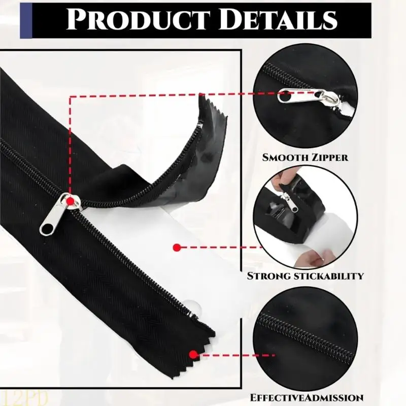 12PD 4Pcs Tear Resistant Dust Protector Zippers Strips With Adhesive Backing Double Sided Adhesive Door Zippers Easy to Install