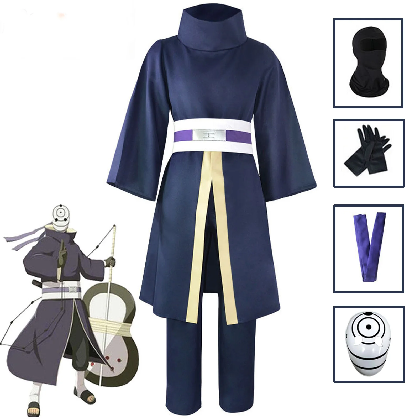 Uchiha Obito Cosplay Costume Blue Suits with Clothes Mask & Belt Men Role Cosplay Outfits For Halloween Carnival Party Comic Con