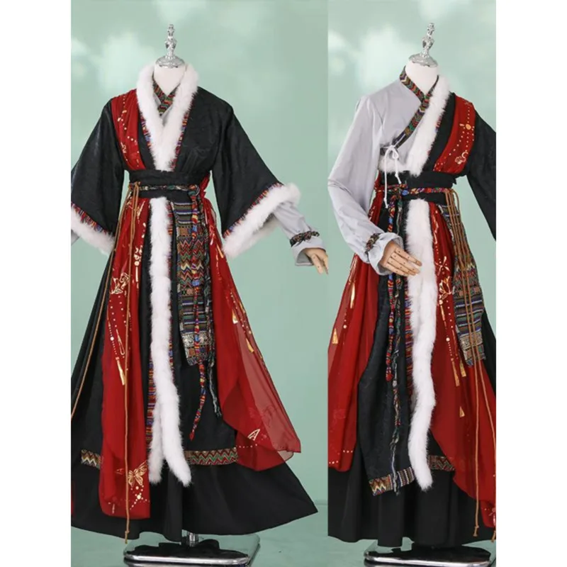 2025 new Ancient Style Tibetan Costume Zhang Qiling Cosplay Tibetan Robe Dance Performance Costume Fur Collar Sword Three