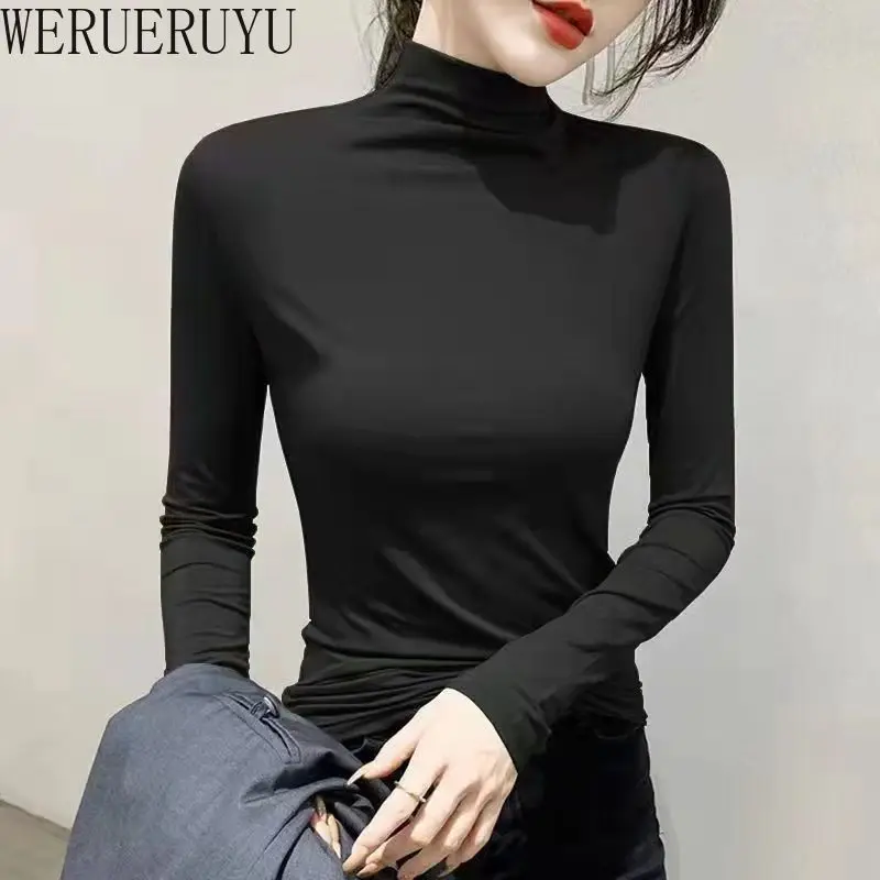 Black Turtleneck Long Sleeve T-Shirt Women Autumn Winter