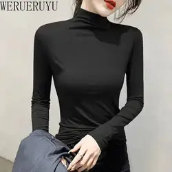 Black Turtleneck T-shirt Long Sleeve Tops Women Y2k Clothes Autumn Winter Korean Fashion Modal Elegant T-shirts for Women 2024