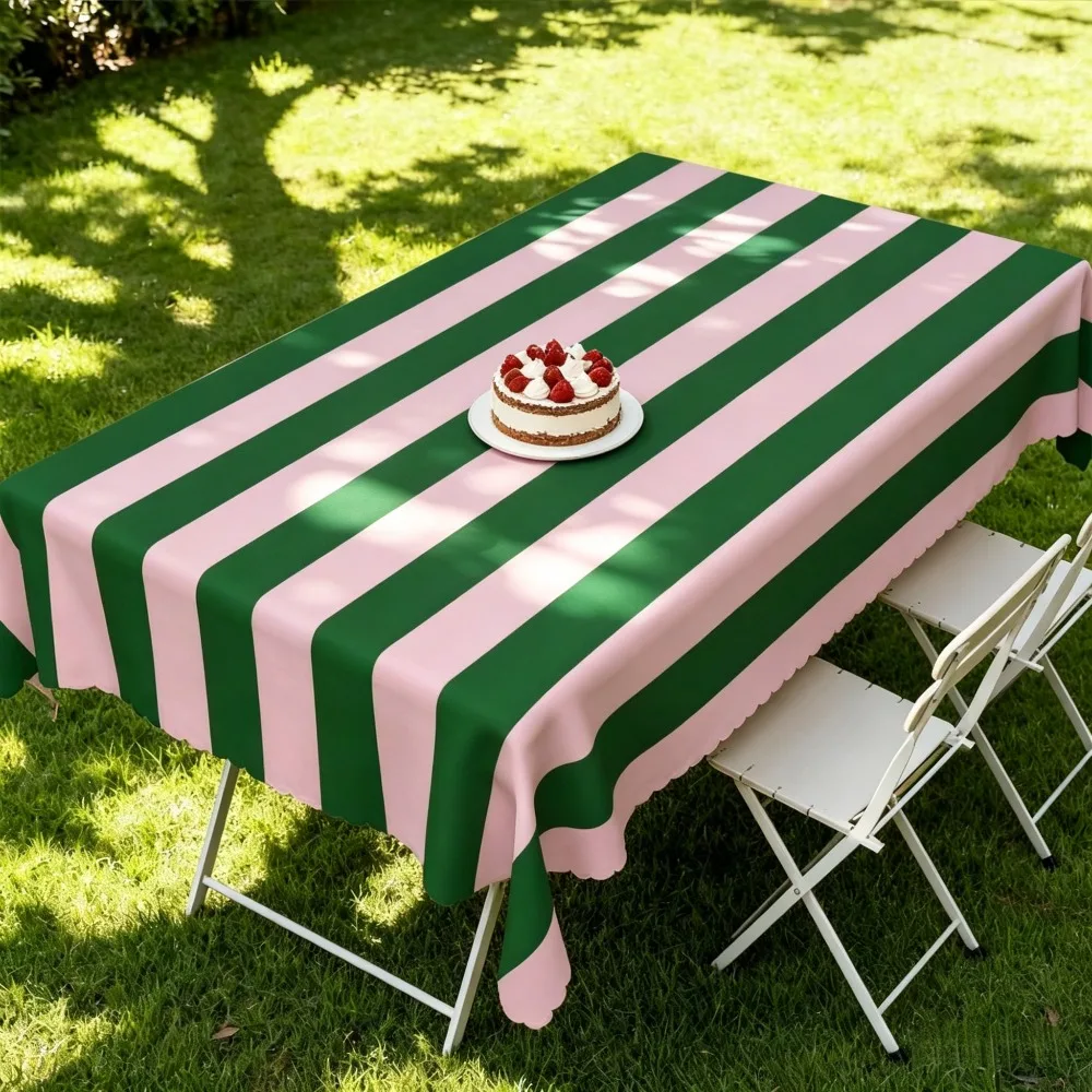 One round tablecloth with pink and green contrasting stripes