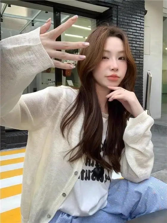 

Red Ba Knot Summer New Loose Thin Ice Silk Knitted Cardigan Women's Sun Protection Open Cardigan Korean Sle Lon...