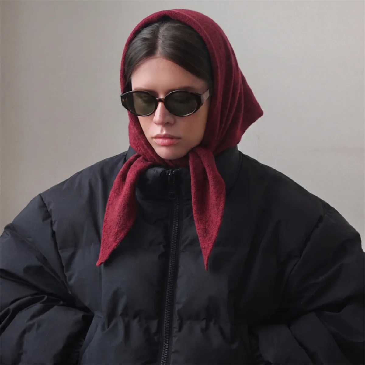 Premium Wool Blend Burgundy Triangle Wrap Ladies Muted Solid Tone Headscarf Snug Warm Neck Stole For Travel And Commute