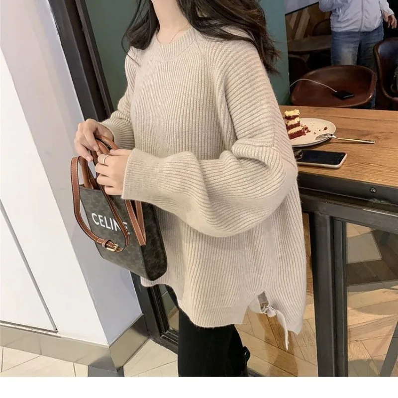 Autumn and Winter Women\'s Solid Color Pullover Round Neck Loose Side Split Long Sleeve Sweater Knit Fashion Elegant Casual Tops