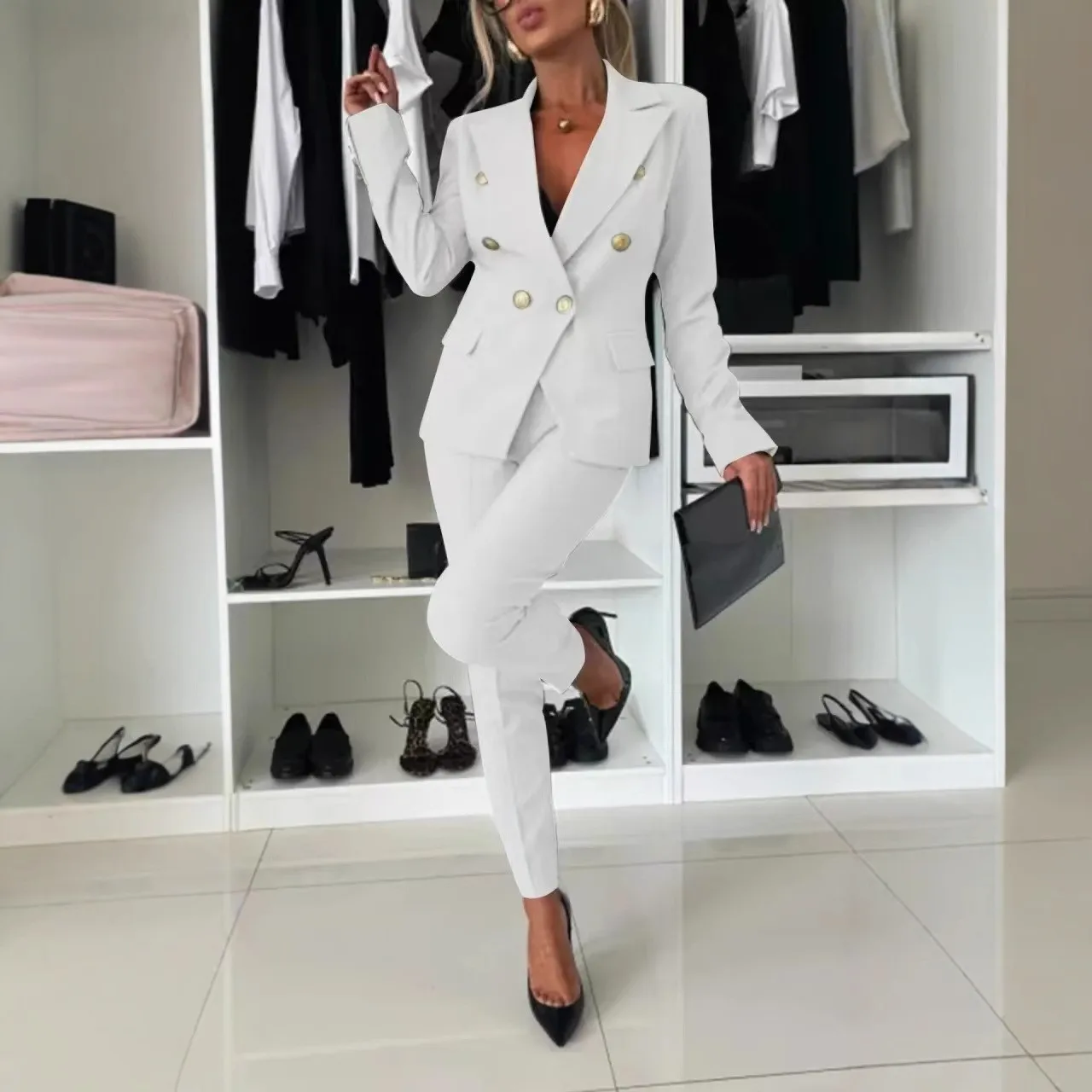 Patchwork Button Closure Set with Full Length Pants Elegant Commuter Style Casual Long Sleeve Suit Jacket Women Trouser Suit