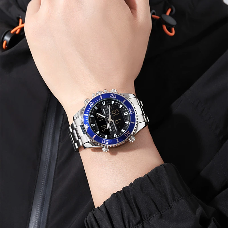 SKMEI قمة الموضة الساعات الرقمية للرجال المزدوج عرض الساعات 2 الوقت مقاوم للماء كرونو إنذار الفولاذ المقاوم للصدأ الرجال ساعة Reloj