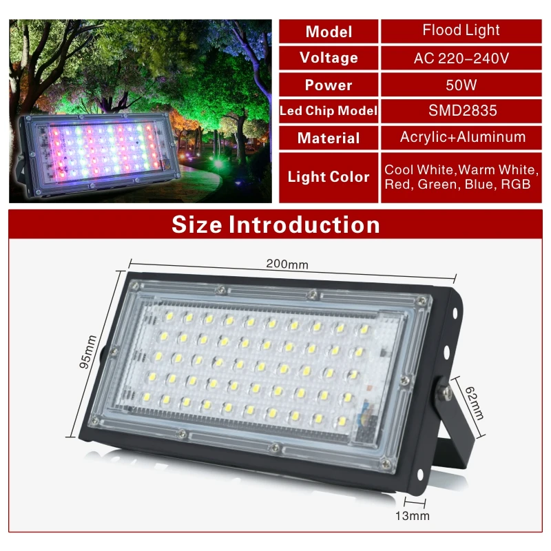 Led Flood Light 50W 220V Outdoor Floodlight IP65 Waterproof LED Street Lamp Cold/Warm White Red Green Blue RGB Spotlight