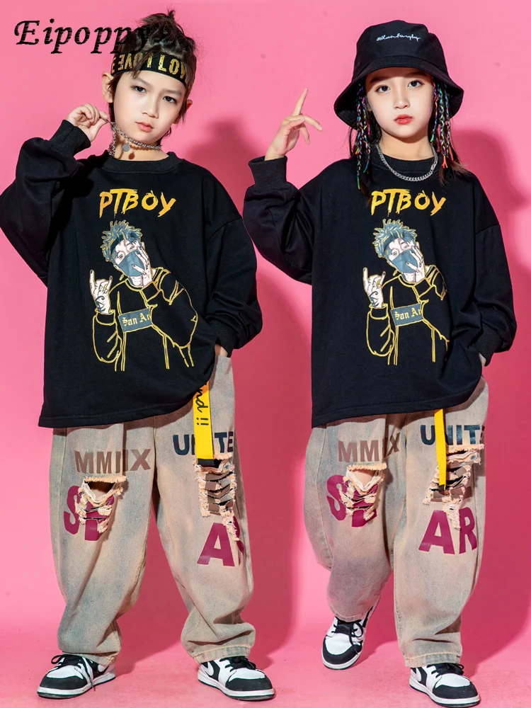 Children's Hip Hop Trendy Clothes Hip Hop Boy Ripped Jeans Hiphop Suit Performance Costume Girl Jazz Costumes